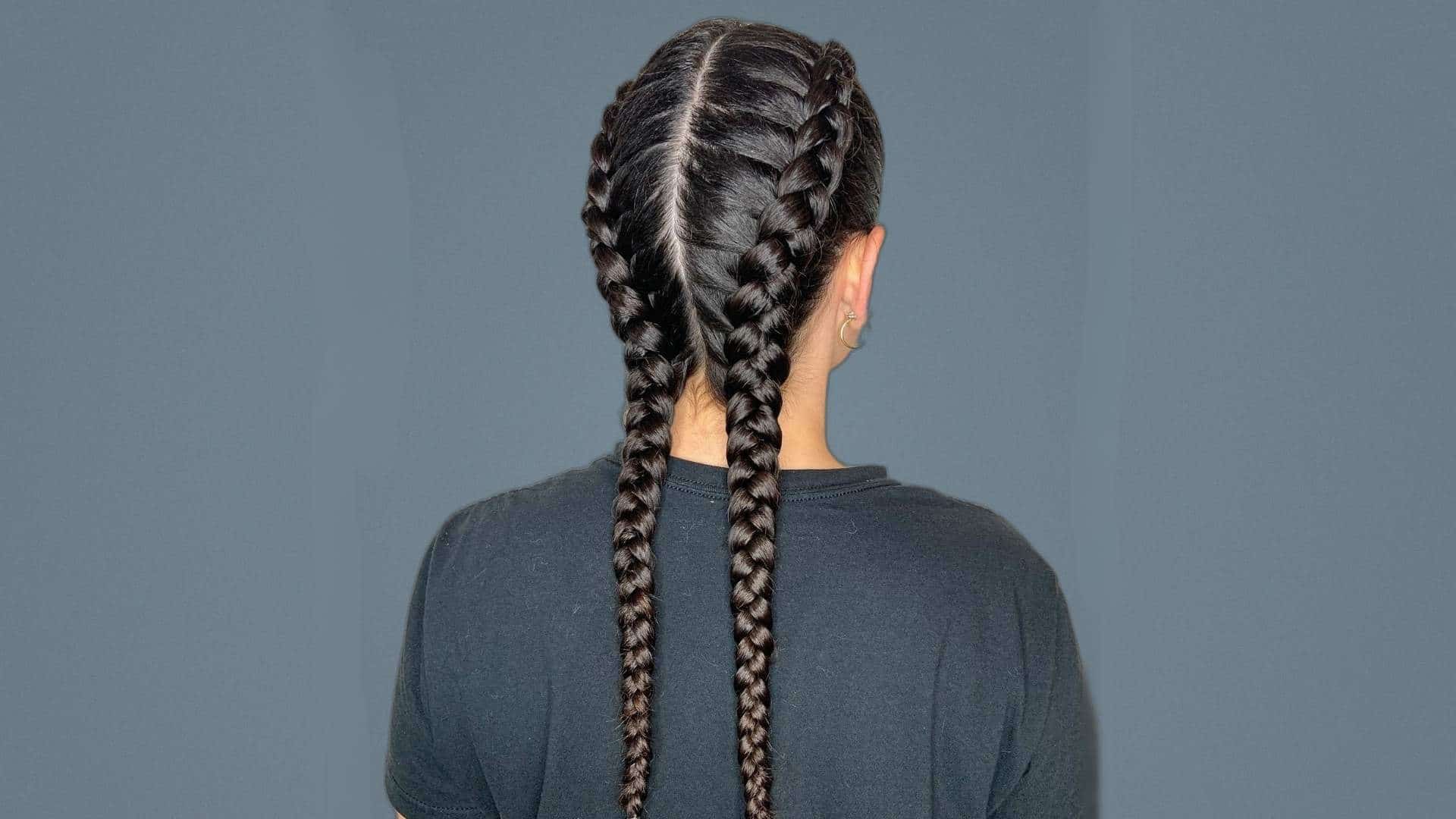 Dutch braid pigtails with a center part, shown from behind against a dusty blue background.