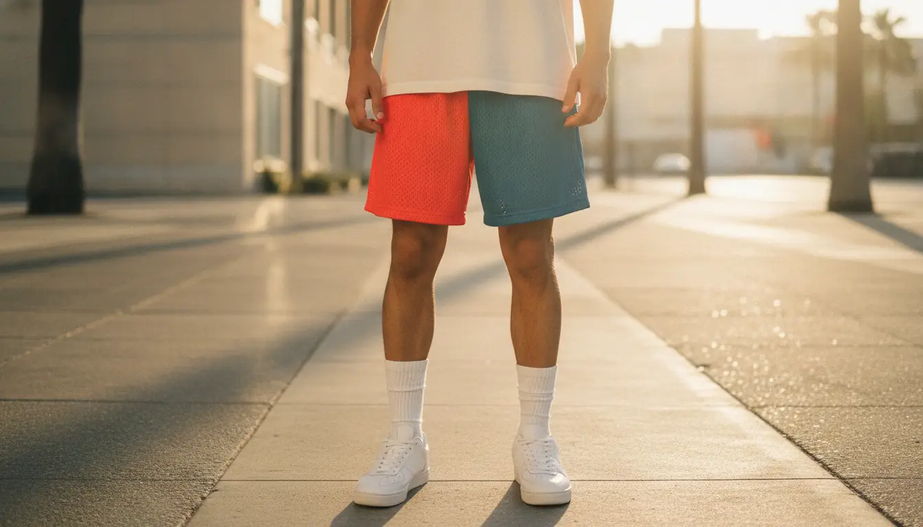 Person wearing mismatched red and blue shorts with white sneakers on sunlit sidewalk