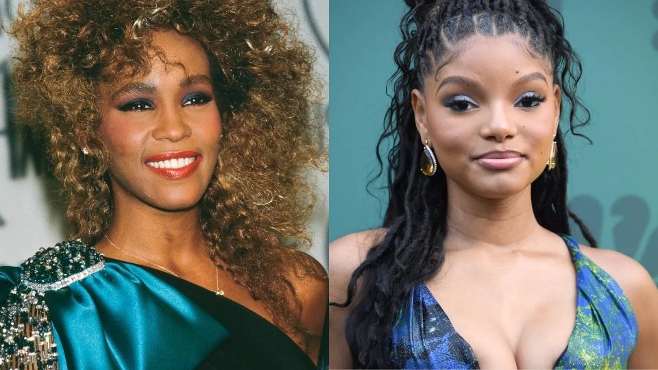 electric blue eyeshadow trend modeled by legendary singer Whitney Houston and actress Halle Bailey