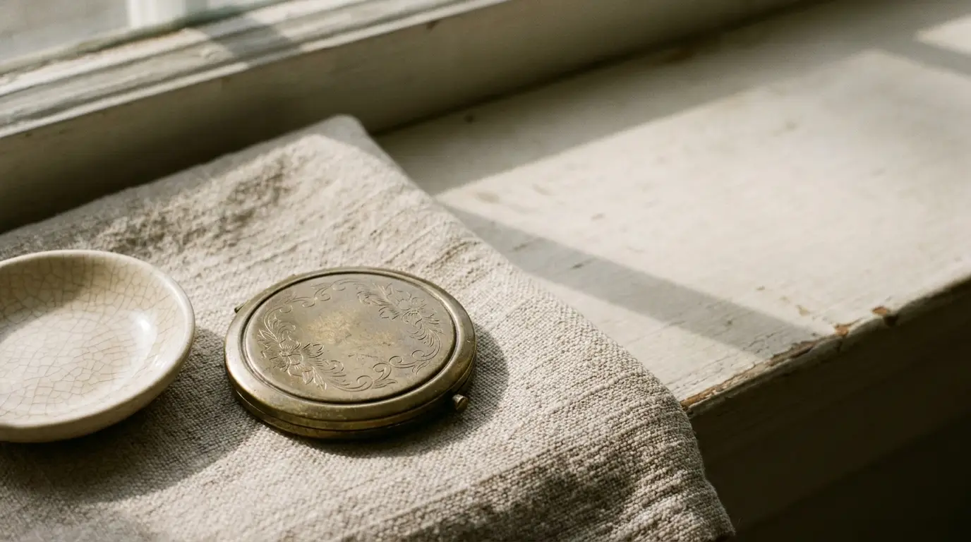 Brass compact with floral engraving on linen cloth beside small ceramic dish on windowsill