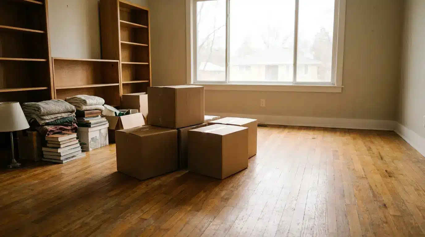 Cardboard boxes and stacked books in empty room with wooden floor and large window