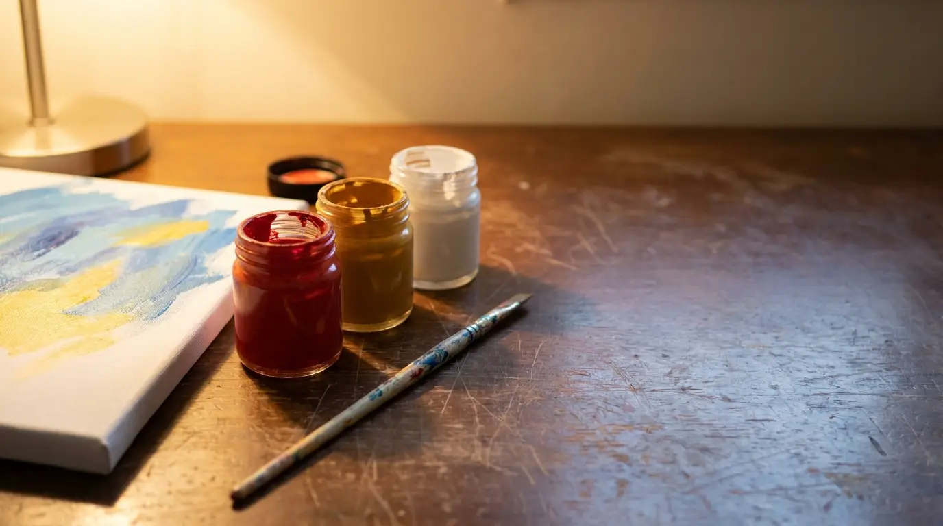 Jars of paint with brush and canvas on wooden desk under warm light