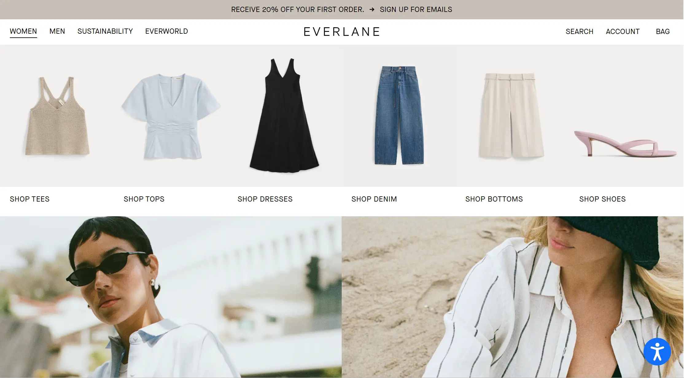Everlane website homepage featuring category product links and editorial banners.
