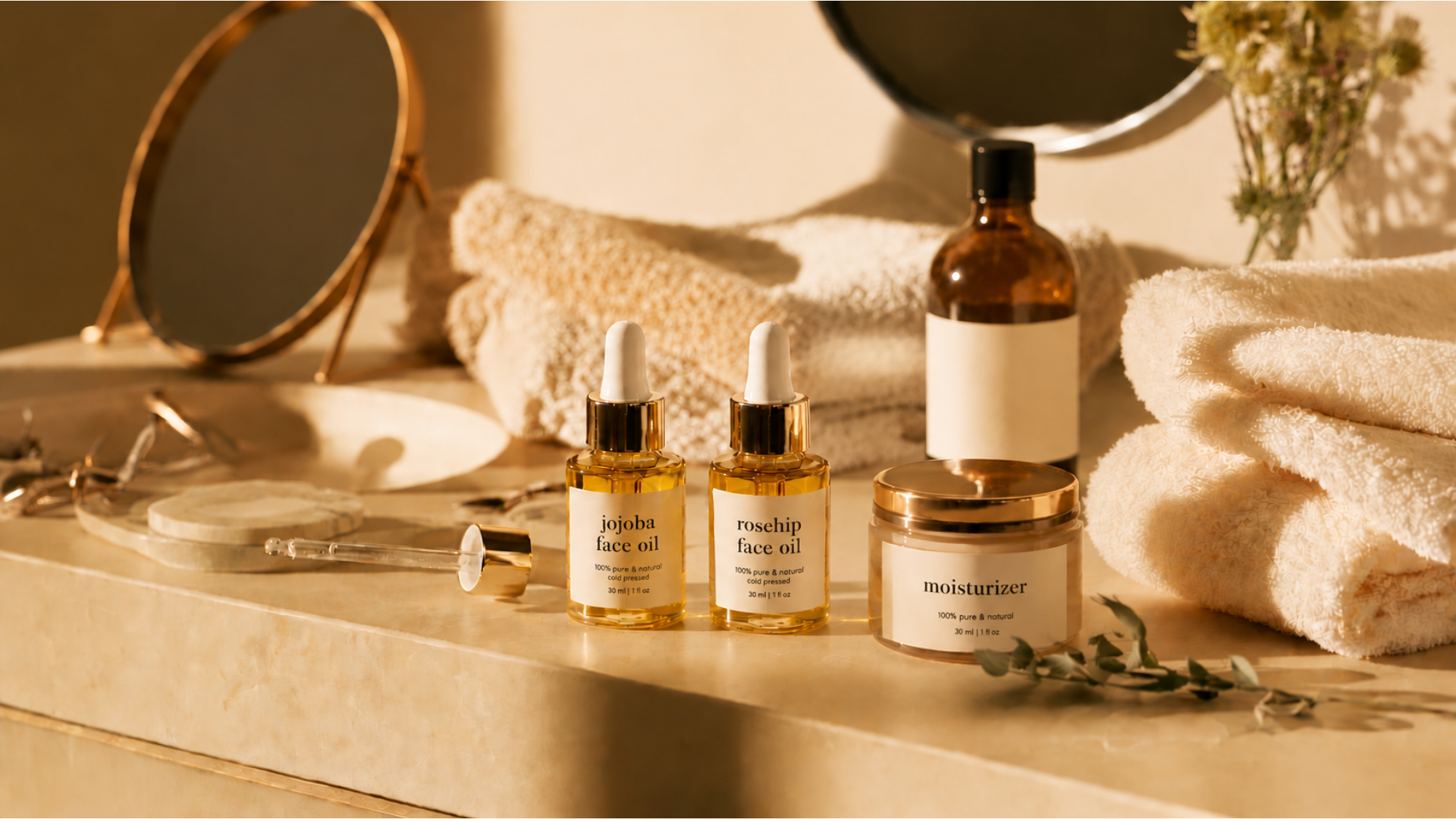 face oils in a bathroom setup