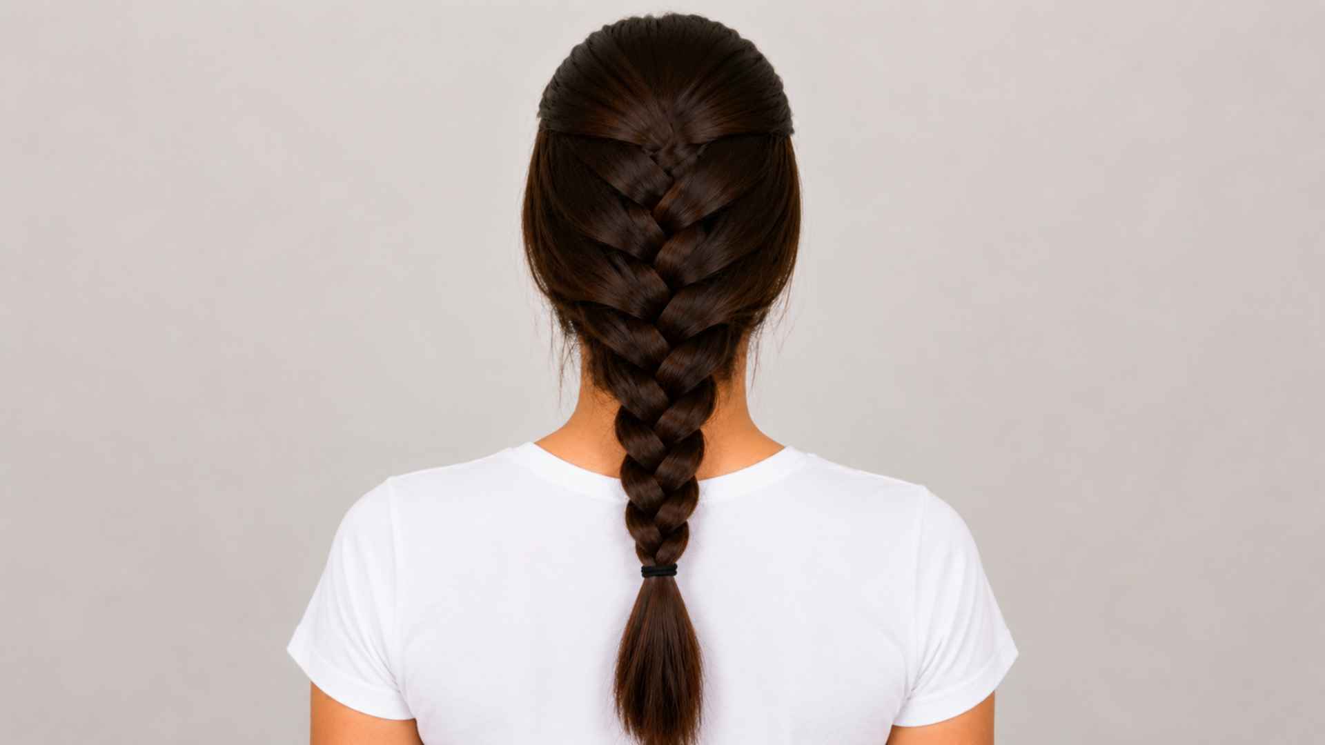 Finished French braid secured at the end with a hair tie showing the completed hairstyle from behind