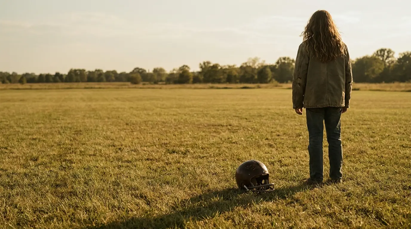 Person standing in open grassy field with a football helmet on the ground