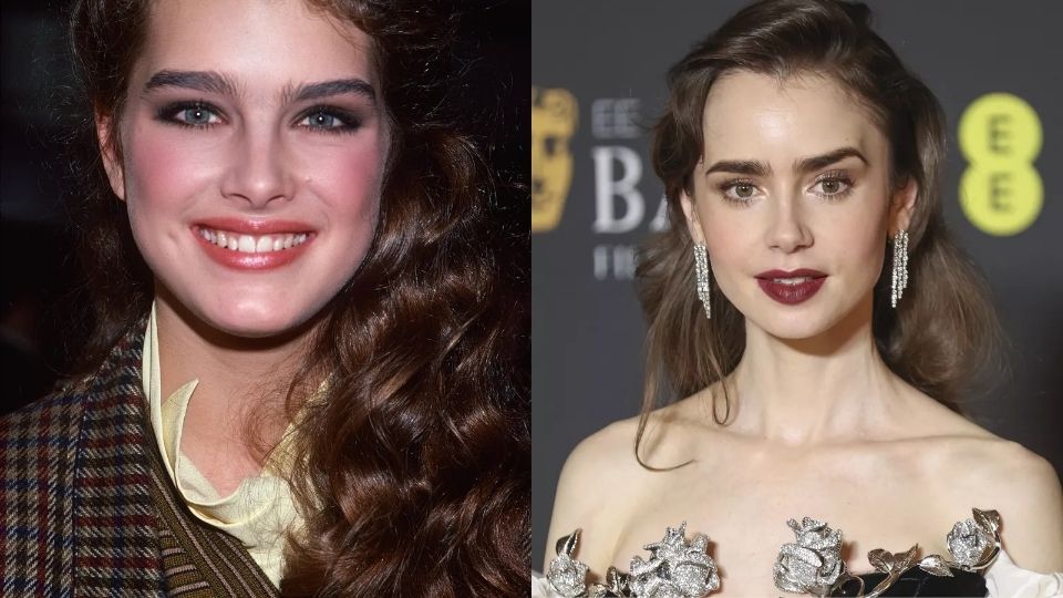Brooke Shields and Lily Collins in 80s beauty style featuring dark eye makeup and a modern interpretation with bold defined eyes