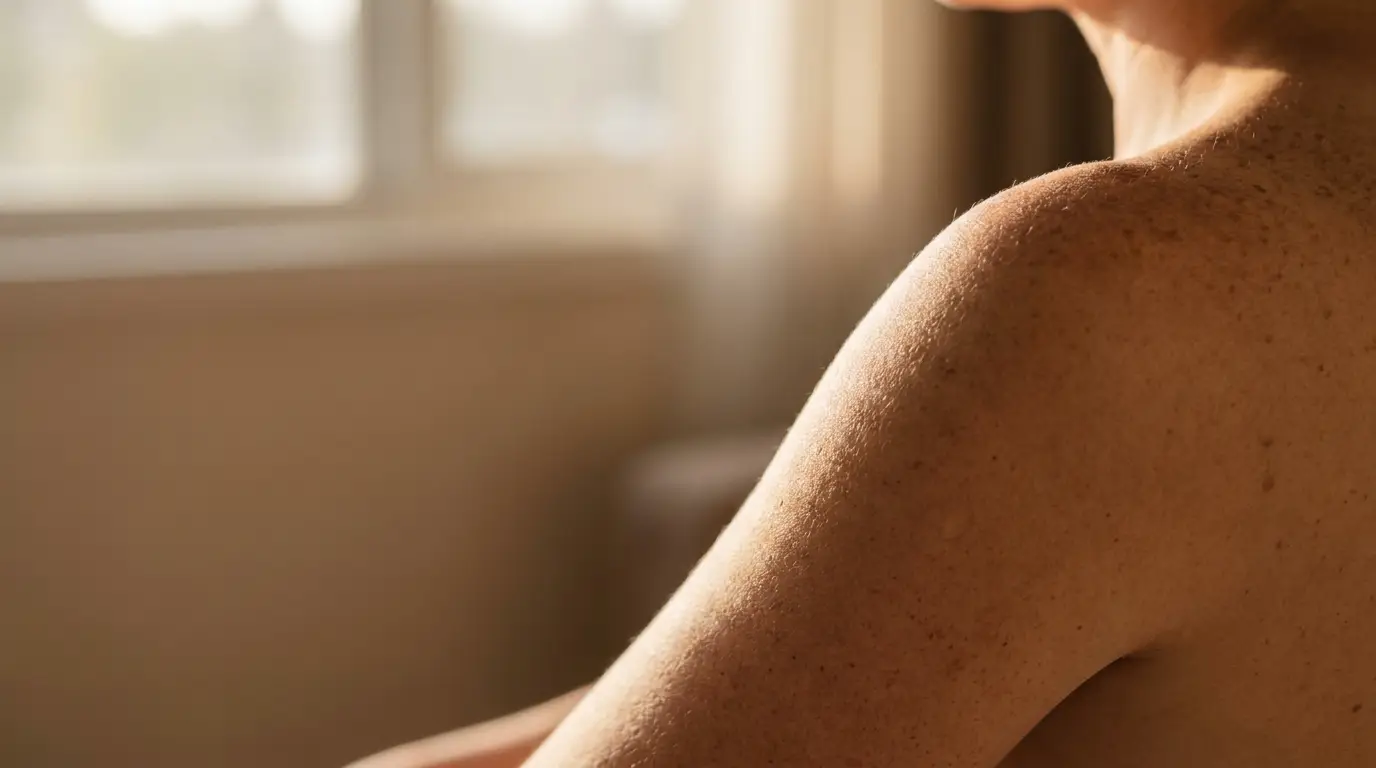 Bare shoulder and upper back in soft natural light near window