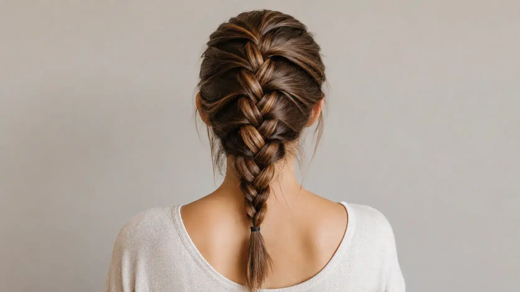 Back view of a woman with a neat French braid styled down the center of her brown hair.