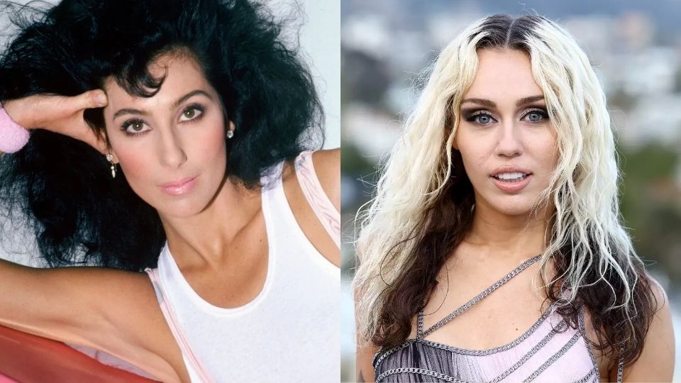 Cher and Miley in frosted 80s makeup featuring soft shimmer eyeshadow and glossy lips