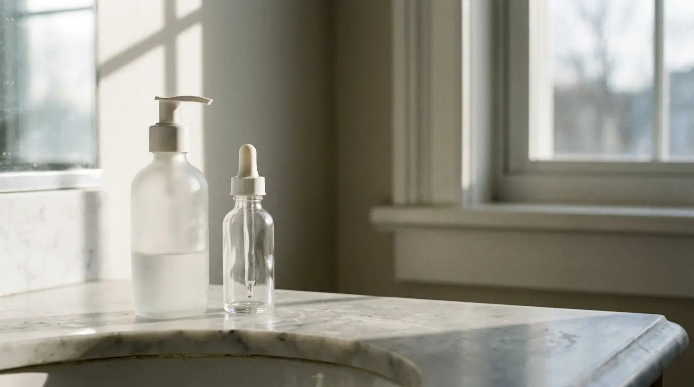 Soap dispenser and dropper bottle on marble countertop in softly lit bathroom