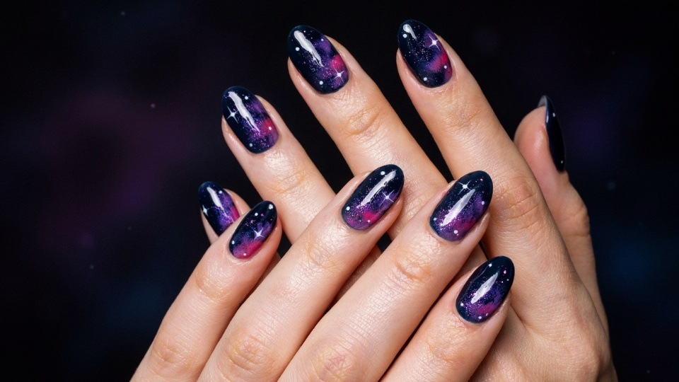Round nails featuring galaxy nail art with deep blue purple shades and shimmering star details