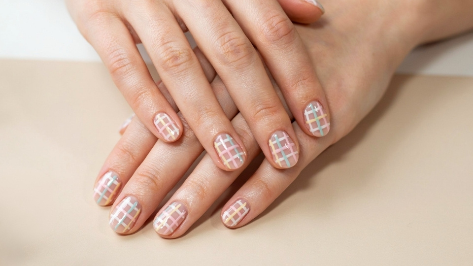 Pastel gingham round nail design with hand painted patterns and a soft feminine manicure finish