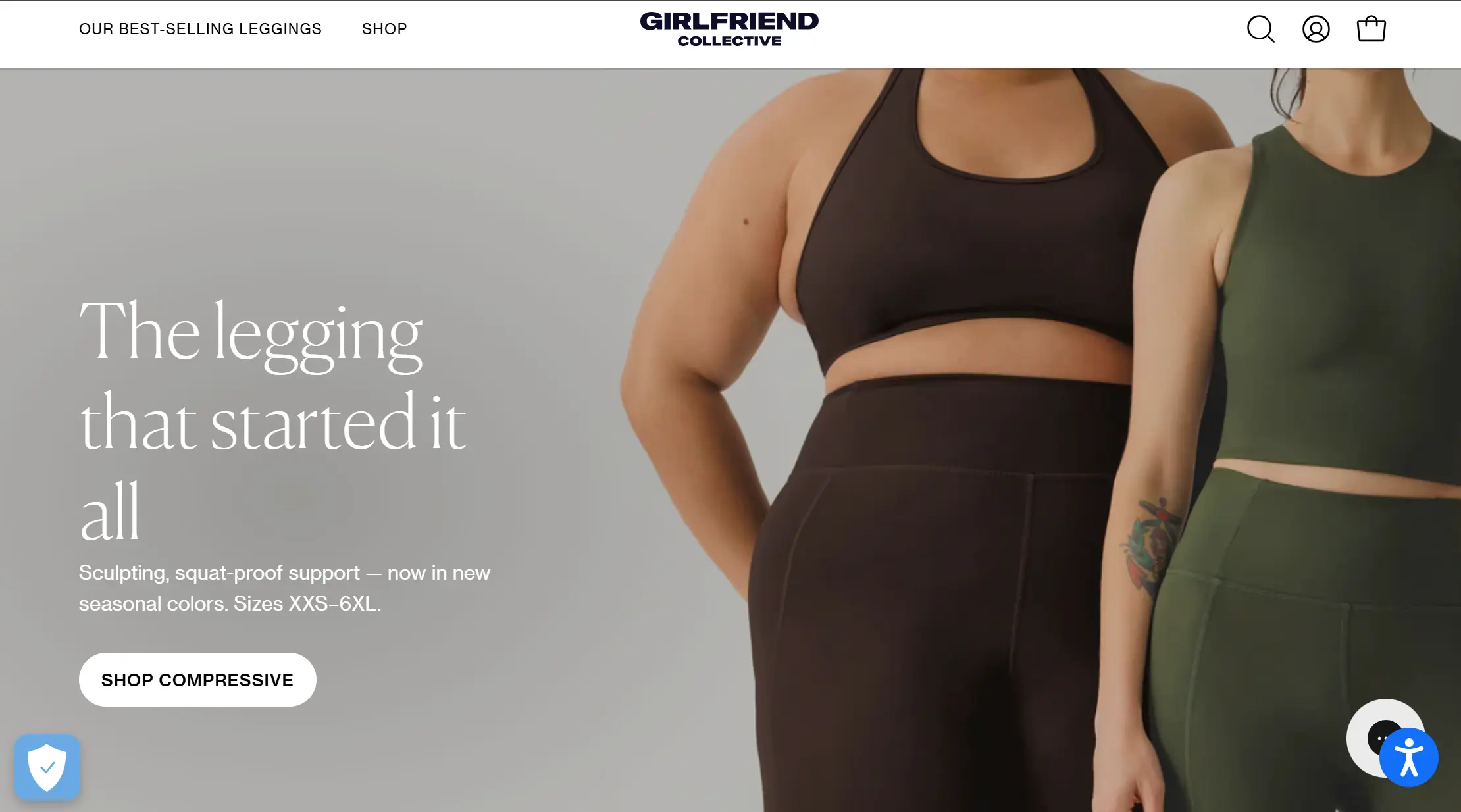 Girlfriend Collective homepage banner featuring models in compressive activewear sets.