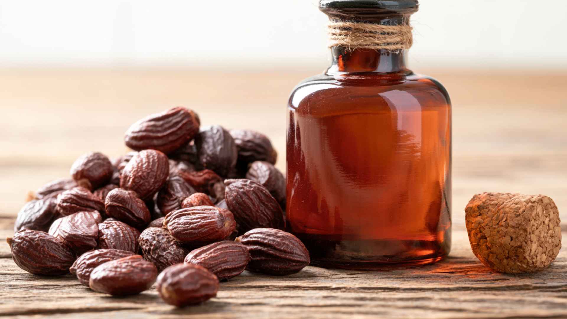 Glass bottle of jojoba oil placed beside jojoba seeds on a wooden surface for natural skincare and beauty use