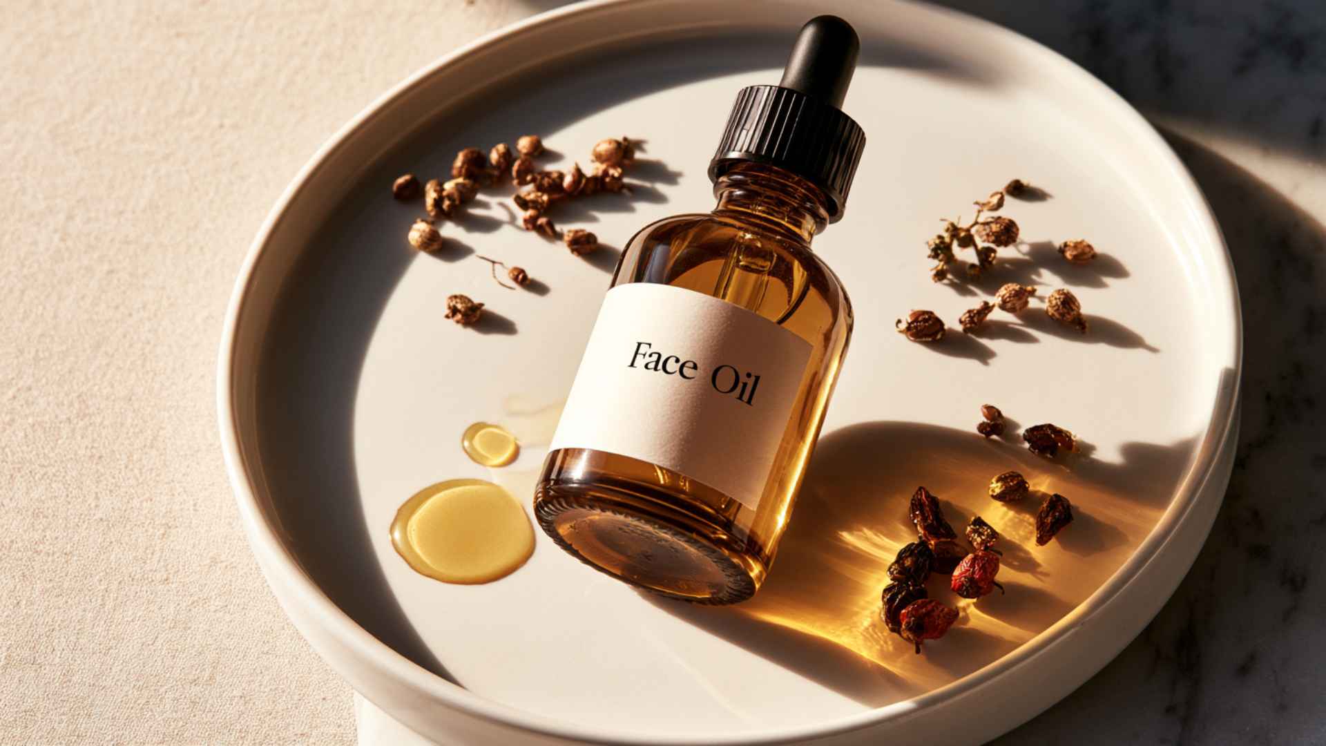 Glass face oil bottle with golden oil drops and botanical elements showing a moisturizing skincare product setup
