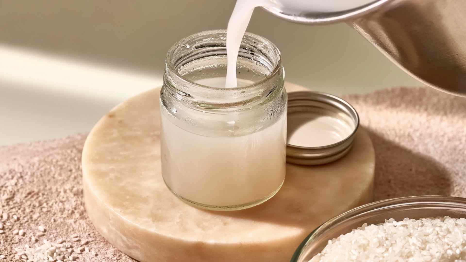 Glass jar of homemade rice water being prepared with uncooked white rice