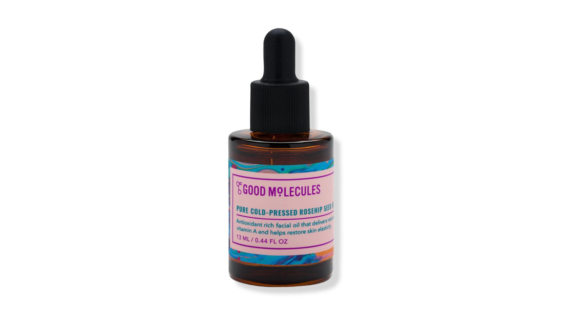 Good Molecules Pure Cold Pressed Rosehip Seed Oil in an amber dropper bottle with colorful label on white background