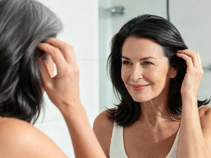 Woman with dark hair smiling at her reflection in a bathroom mirror
