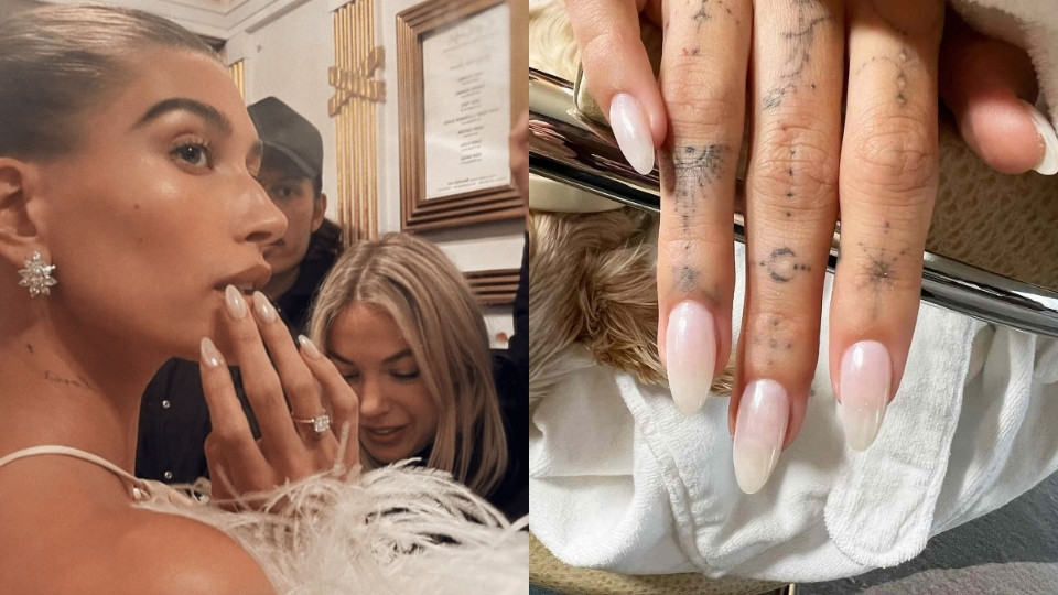 Hailey Beiber in sheer, glossy nude round nails