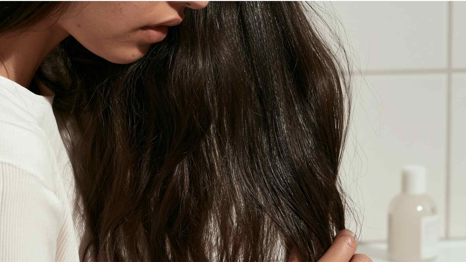 Hair appearing coated and weighed down from buildup