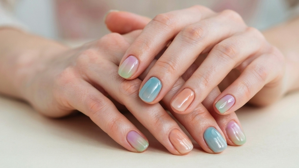 Pastel gradient round nails with muted colors blended smoothly for a modern spring inspired manicure