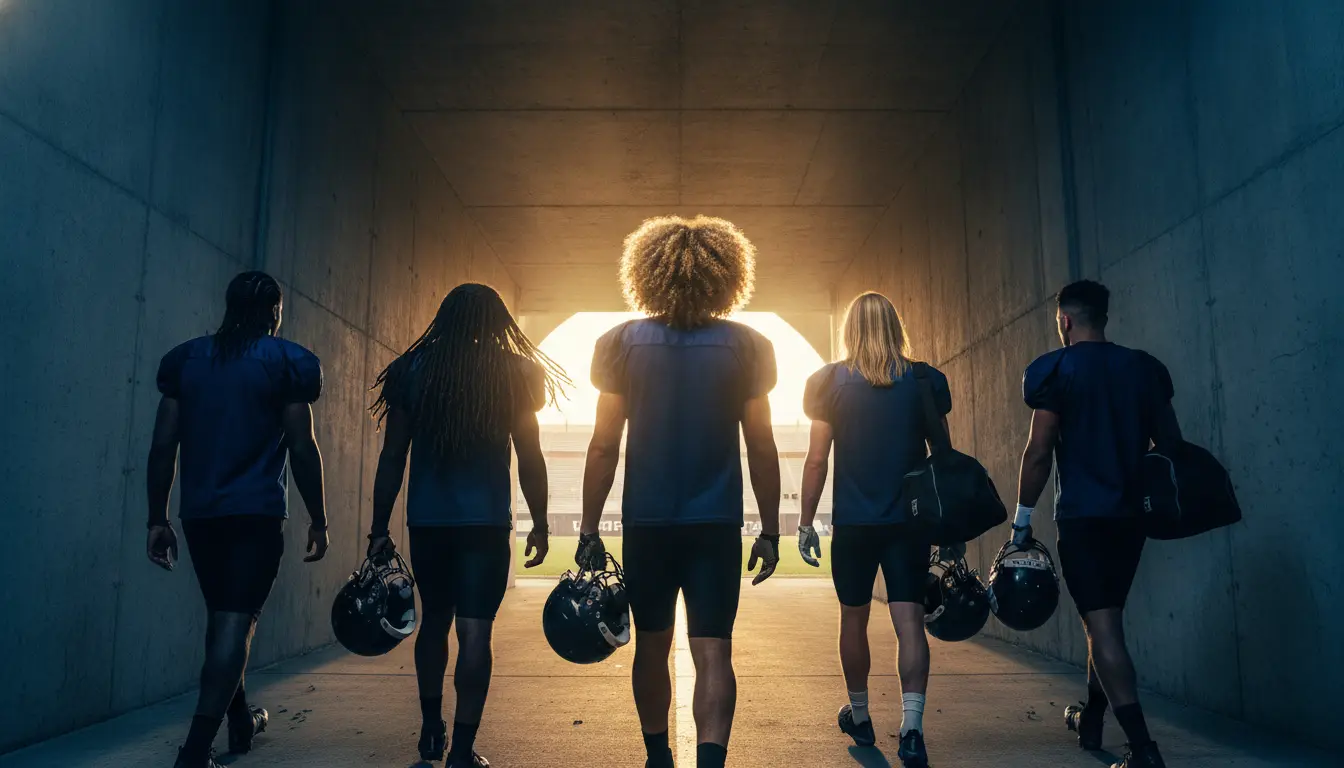 Football players walking through tunnel toward stadium in twilight setting with equipment bags and helmets