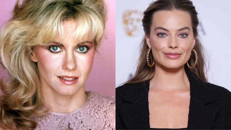 Olivia Newton-John displaying a classic, heavily sculpted 1980s pink draping and Margot Robbie sporting a modernized version