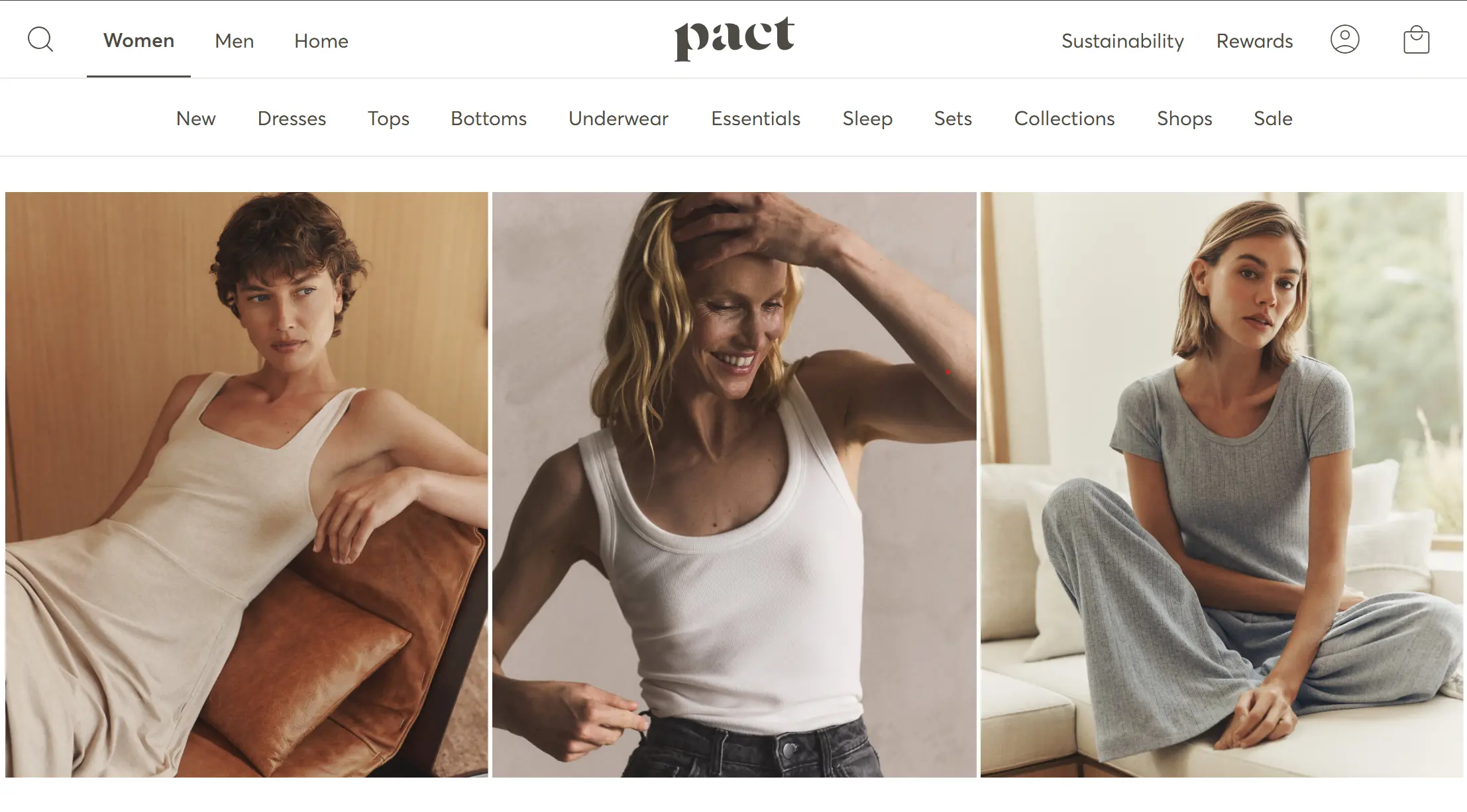 Homepage banner for Pact featuring three models wearing organic clothing tops, dresses, and sets.