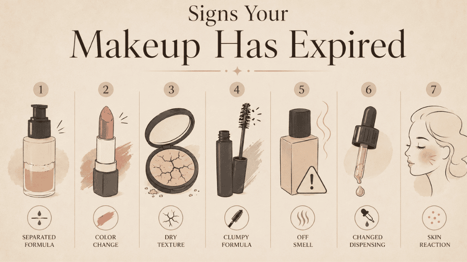 Makeup expiration signs illustration showing changed texture, color, smell, and other indicators of expired cosmetics