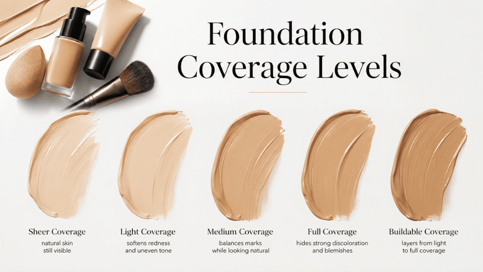 Foundation coverage levels infographic showing sheer, light, medium, full, and buildable coverage swatches with makeup products on a white background