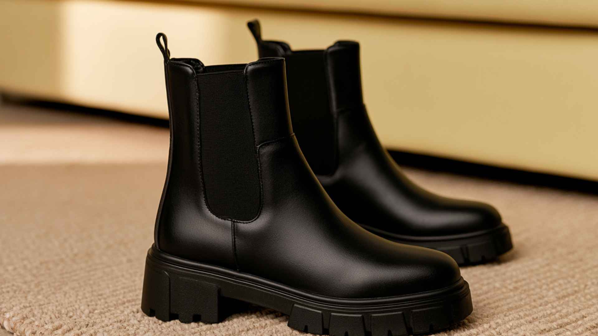 Pair of black Chelsea boots with elastic side panels placed on a carpet showing a sleek design and structured fit for wear