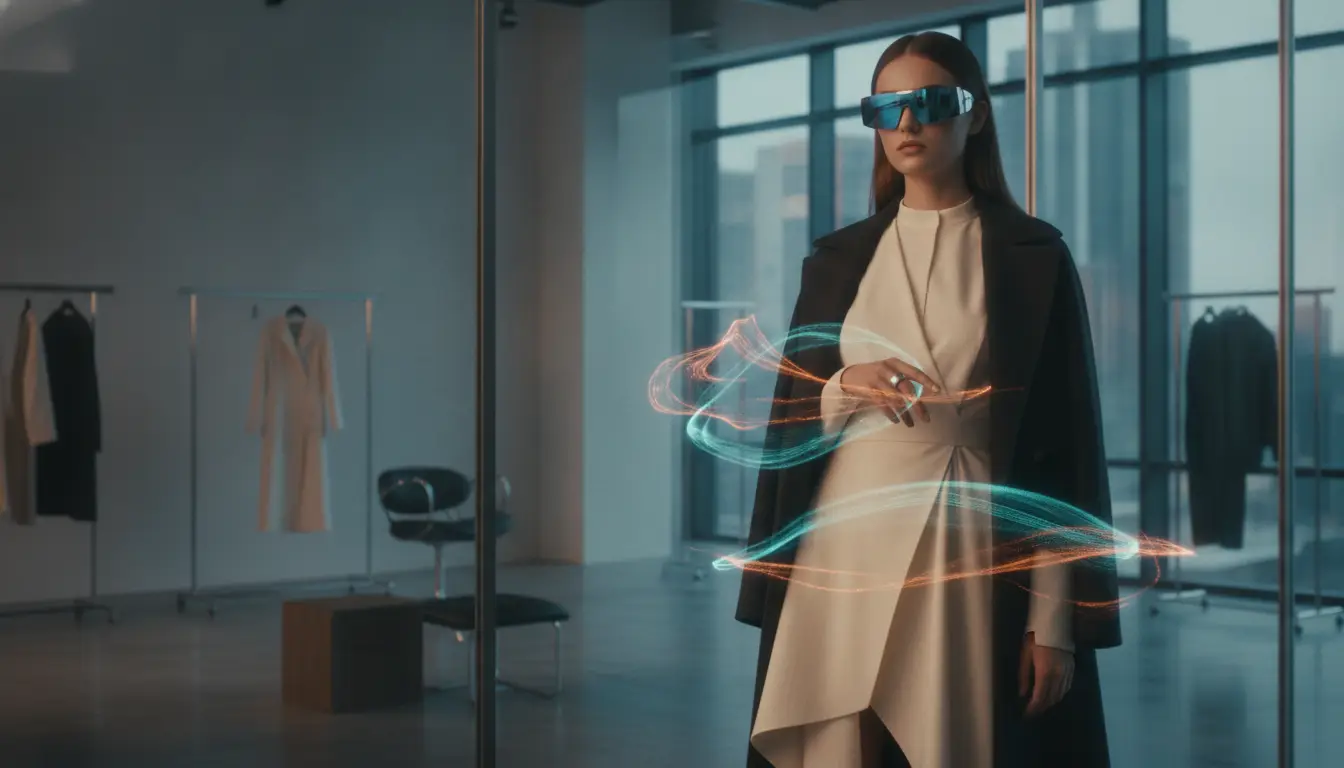 Woman wearing futuristic visor interacting with holographic display in modern showroom with clothing racks