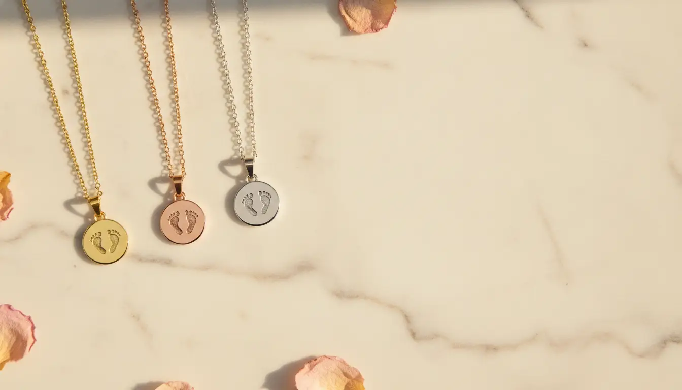 Three gold, rose gold, and silver necklaces with footprint pendants on marble surface