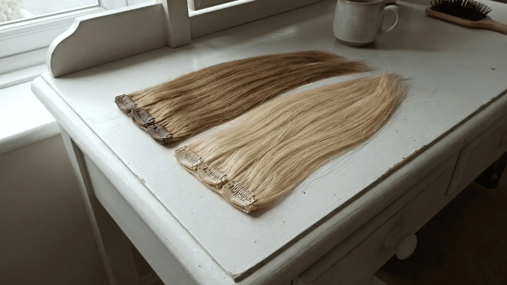 Blonde hair extensions laid out on white wooden table with a ceramic mug nearby