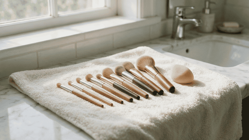 Freshly washed makeup brushes lying flat on a towel to dry after being reshaped at a bathroom vanity