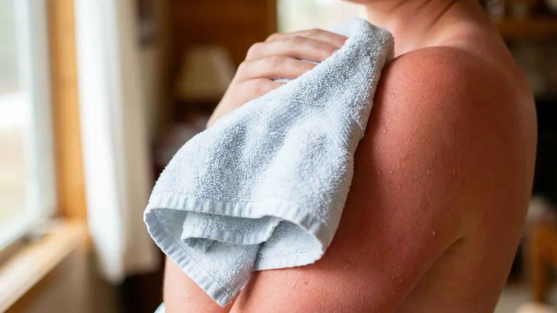 Cold damp towel pressed on sunburned shoulders to cool and soothe redness fast