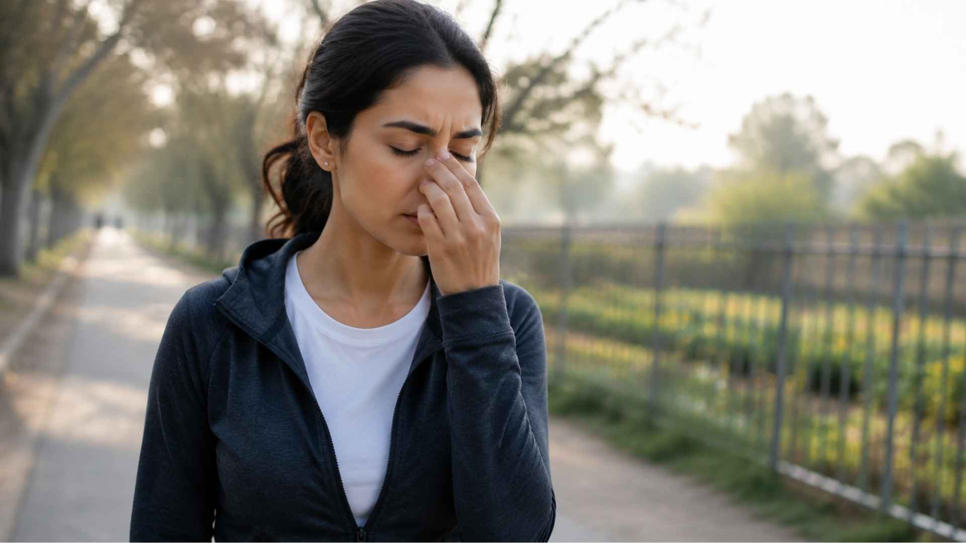 Person experiencing nasal congestion while pinching nose outdoors in a park setting with blurred background
