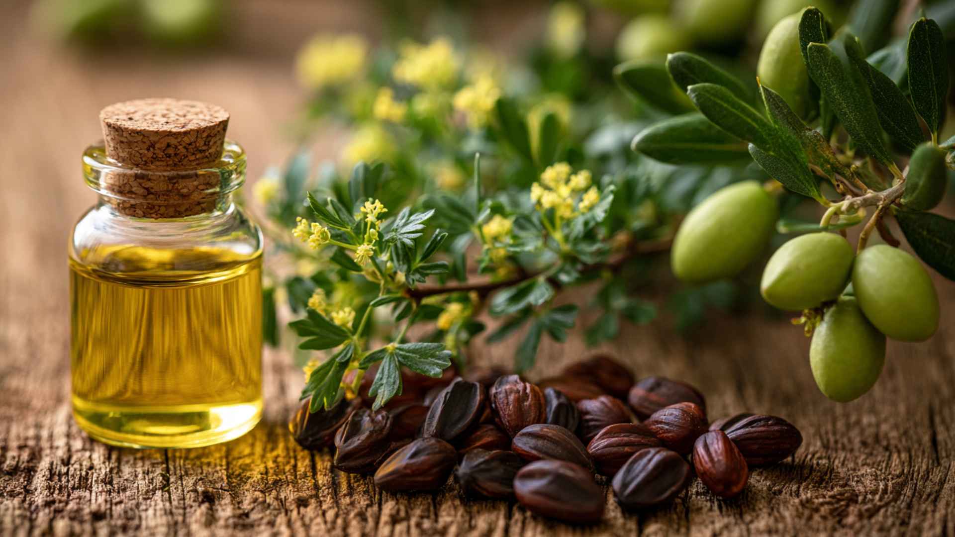 Glass bottle of jojoba oil with jojoba seeds and green plant branches arranged on a wooden surface for skincare use