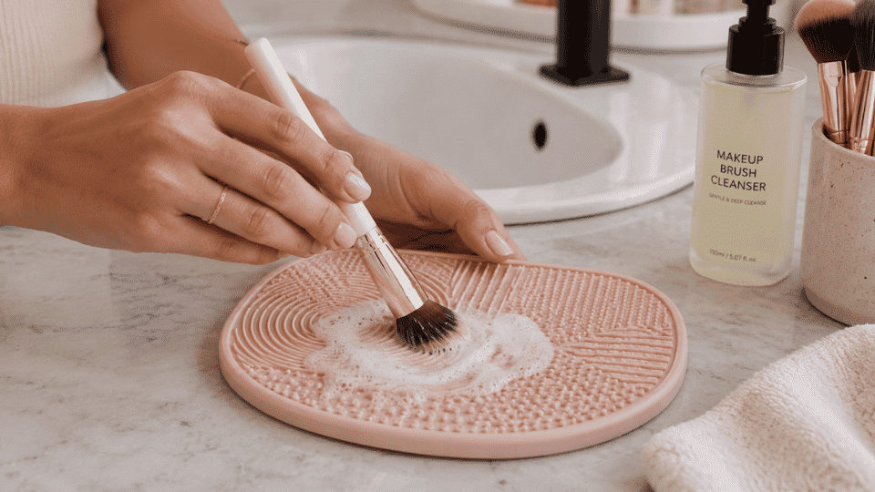 Makeup brush covered with cleanser foam on a silicone mat during a deep cleaning routine at a bathroom vanity