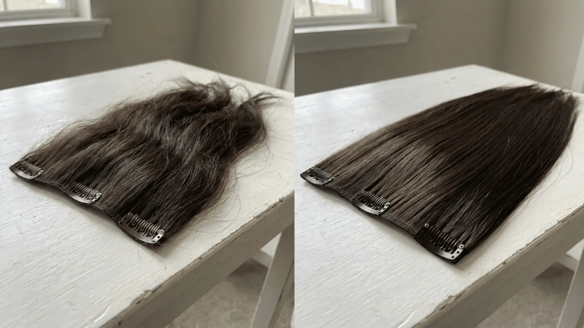 Two sets of clip-in hair extensions on white table in natural daylight