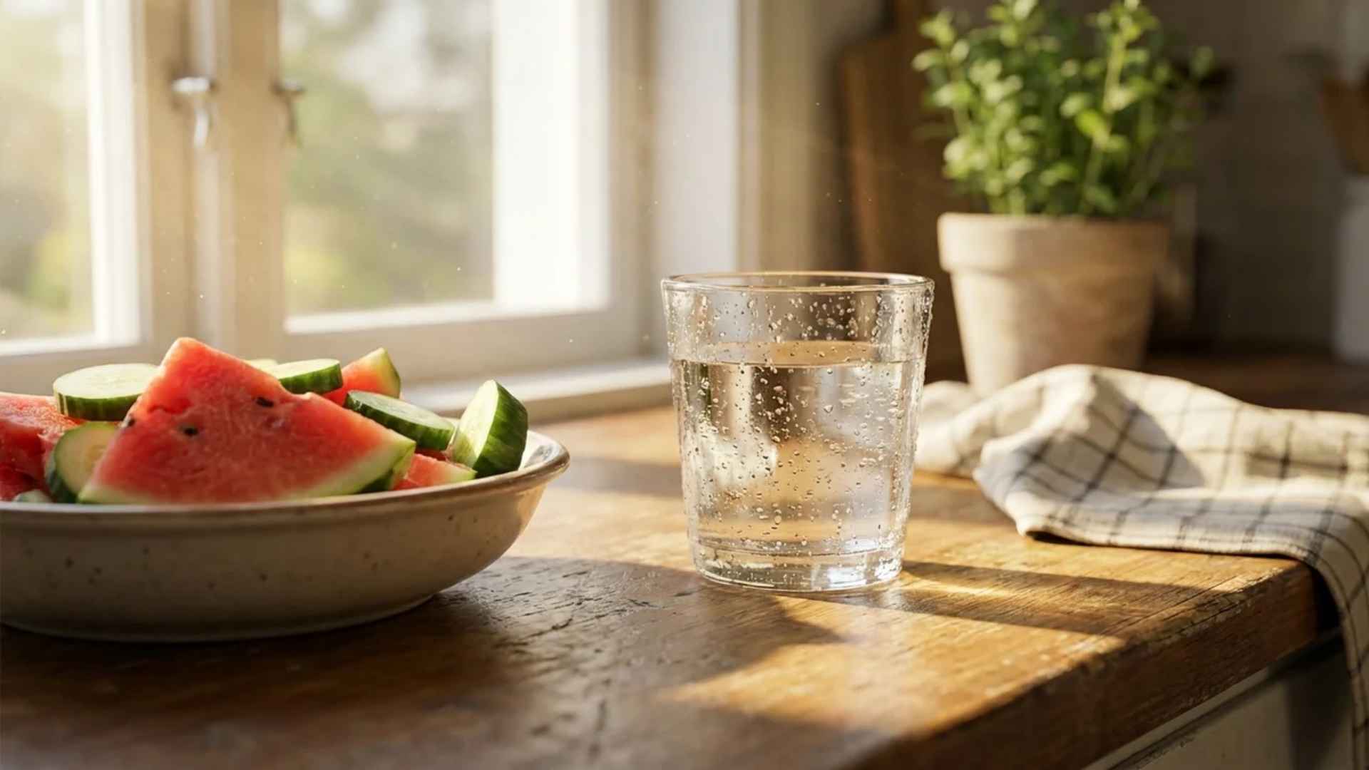 Glass of water beside sliced watermelon and cucumber on kitchen counter