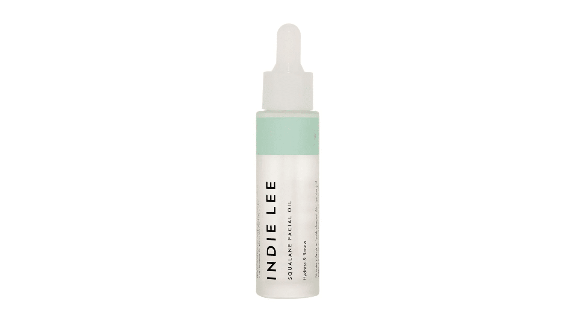 Indie Lee squalane facial oil bottle with frosted glass packaging and white dropper cap displayed on white background