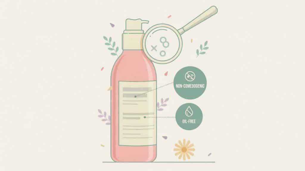 Illustration of a makeup bottle label being examined through a magnifying glass, highlighting non-comedogenic and oil-free claims for acne-prone skin.