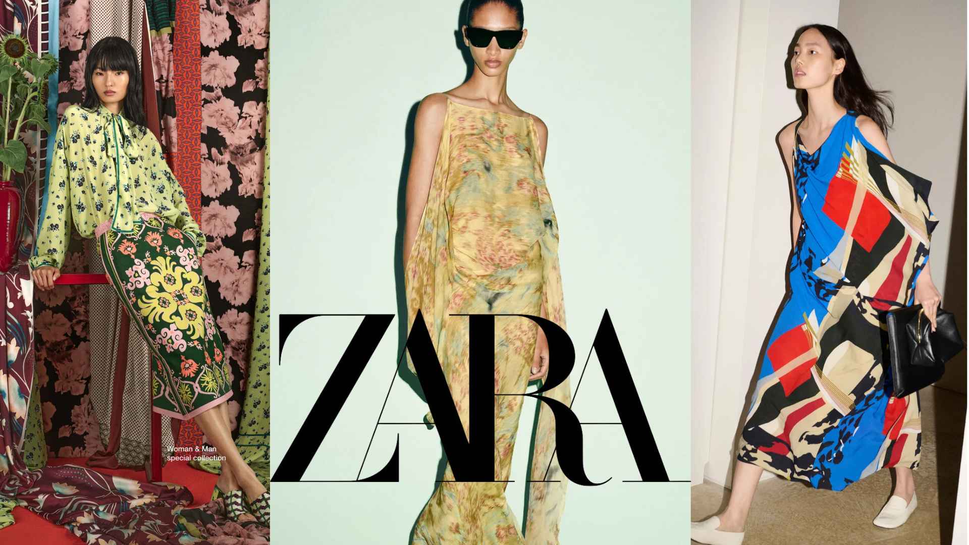 Zara fashion campaign featuring models wearing colorful printed outfits with modern silhouettes and the brand logo displayed prominently in the center