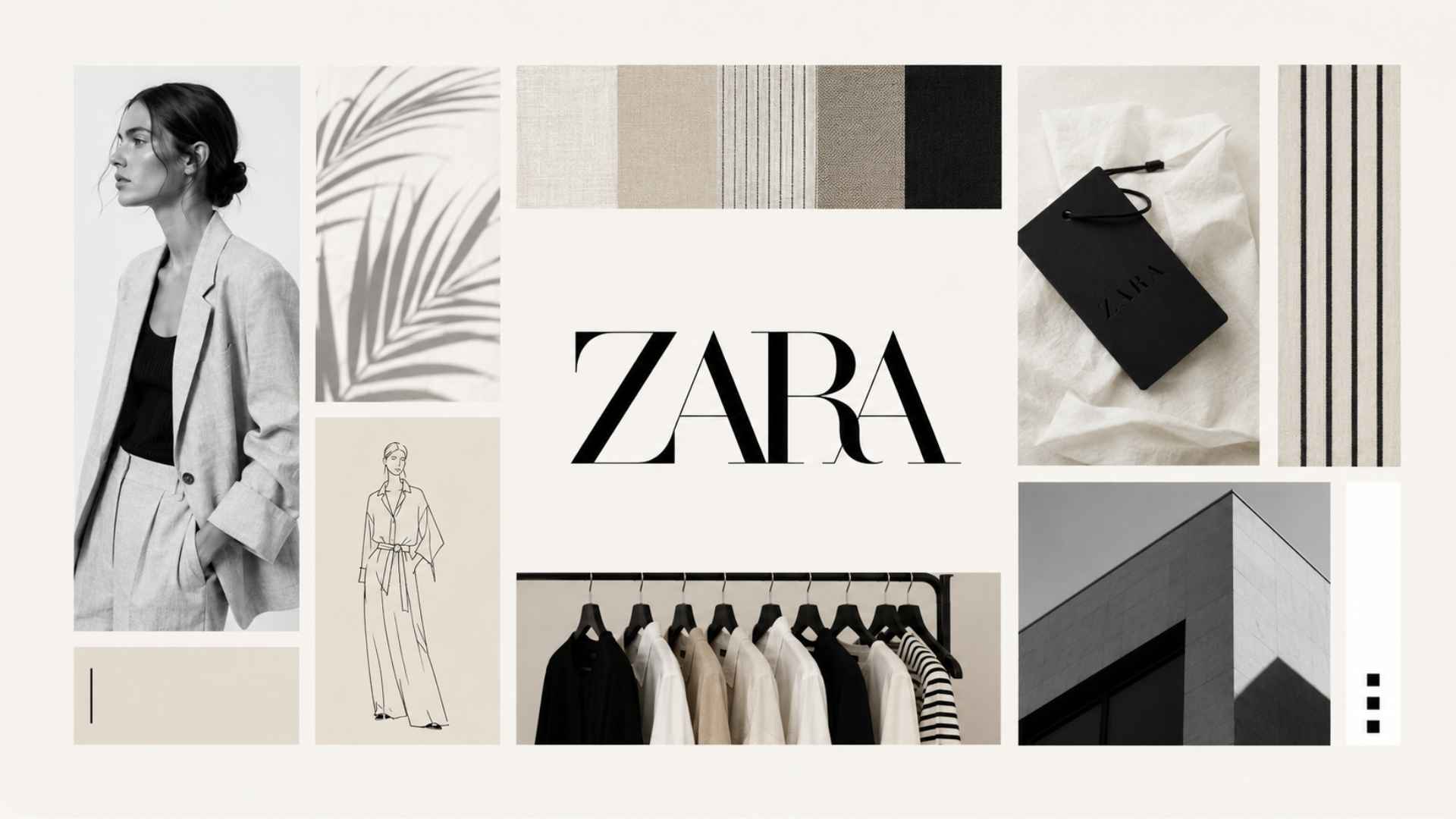 Minimalist Zara-inspired mood board featuring a large "ZARA" logo surrounded by neutral fashion imagery, fabric swatches.