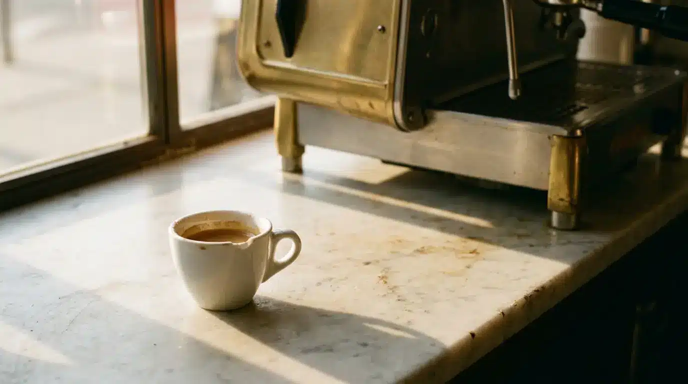 Espresso cup on marble counter beside vintage espresso machine in warm natural light