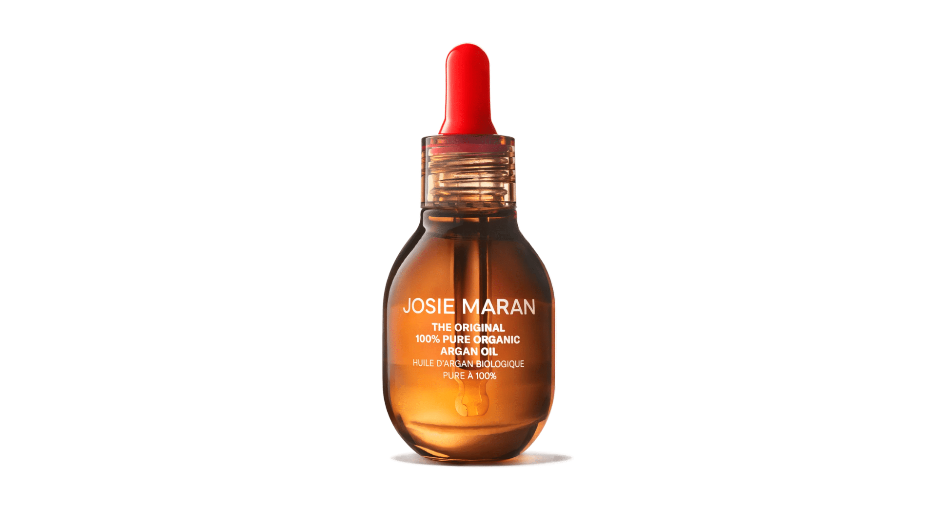 Josie Maran pure argan oil bottle with amber glass dropper packaging displayed on a clean white background