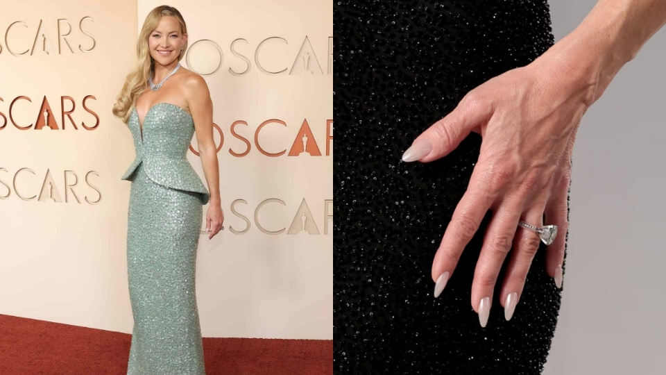 Kate Hudson paired a sheer pink base with a liquid, diamond-dust top coat on rounded nails for Oscars 2026