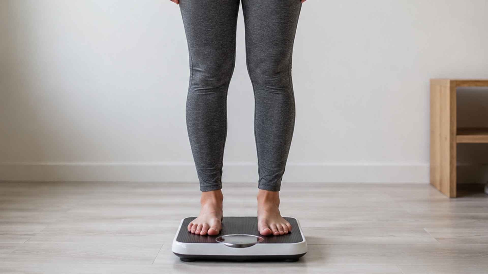 Person in gray leggings stands barefoot on one digital bathroom scale in a bright minimalist bedroom